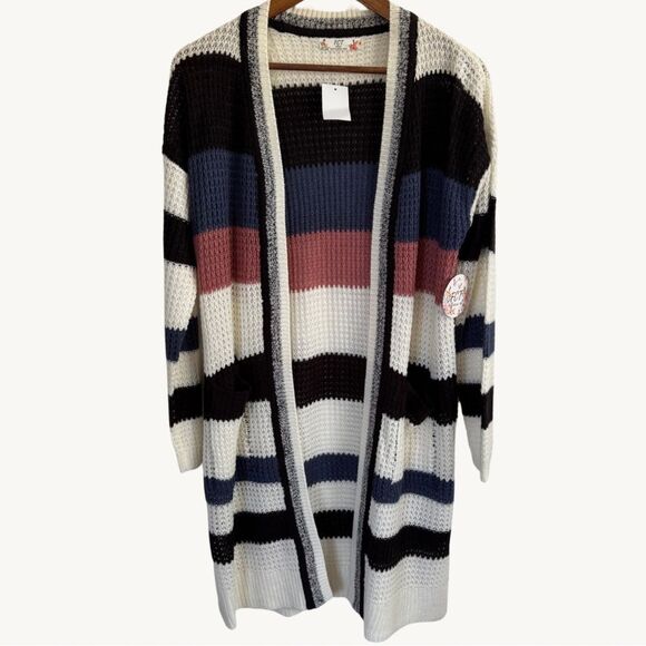 NWT FCT with Love Striped Crochet Open-Front Cardigan Sweater Black White Large - Picture 1 of 9